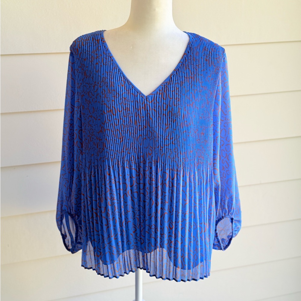 Nine West Blue Pleated V-Neck Blouse